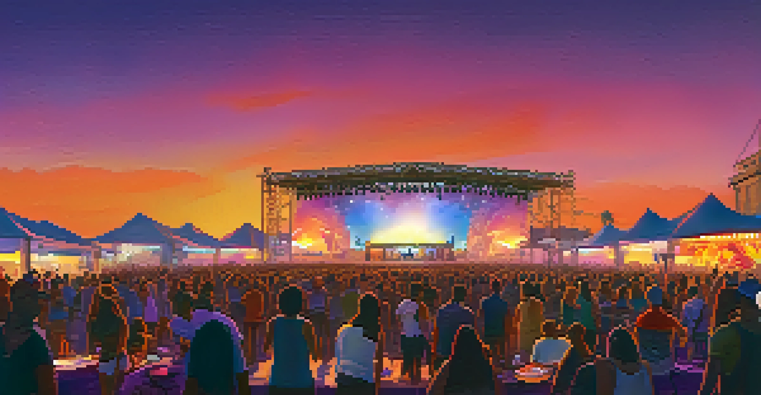 An outdoor music festival at sunset, with a diverse crowd enjoying performances on a stage illuminated by colorful lights against a vibrant sky.