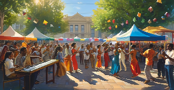 A lively street festival with diverse musicians performing together, surrounded by a joyful crowd and colorful decorations.