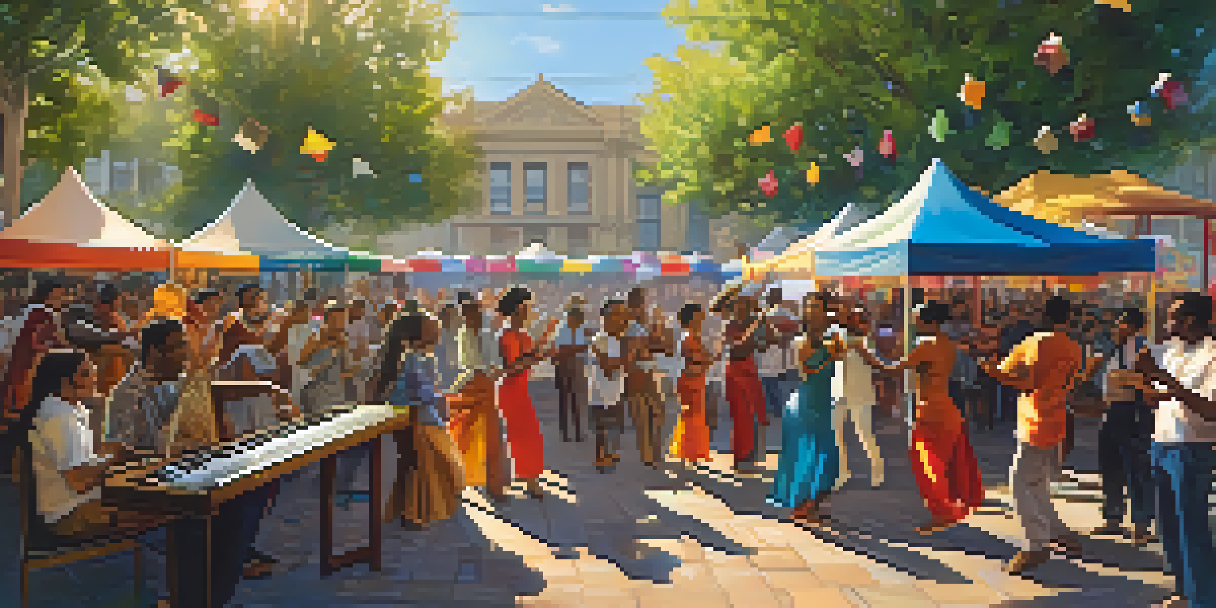 A lively street festival with diverse musicians performing together, surrounded by a joyful crowd and colorful decorations.