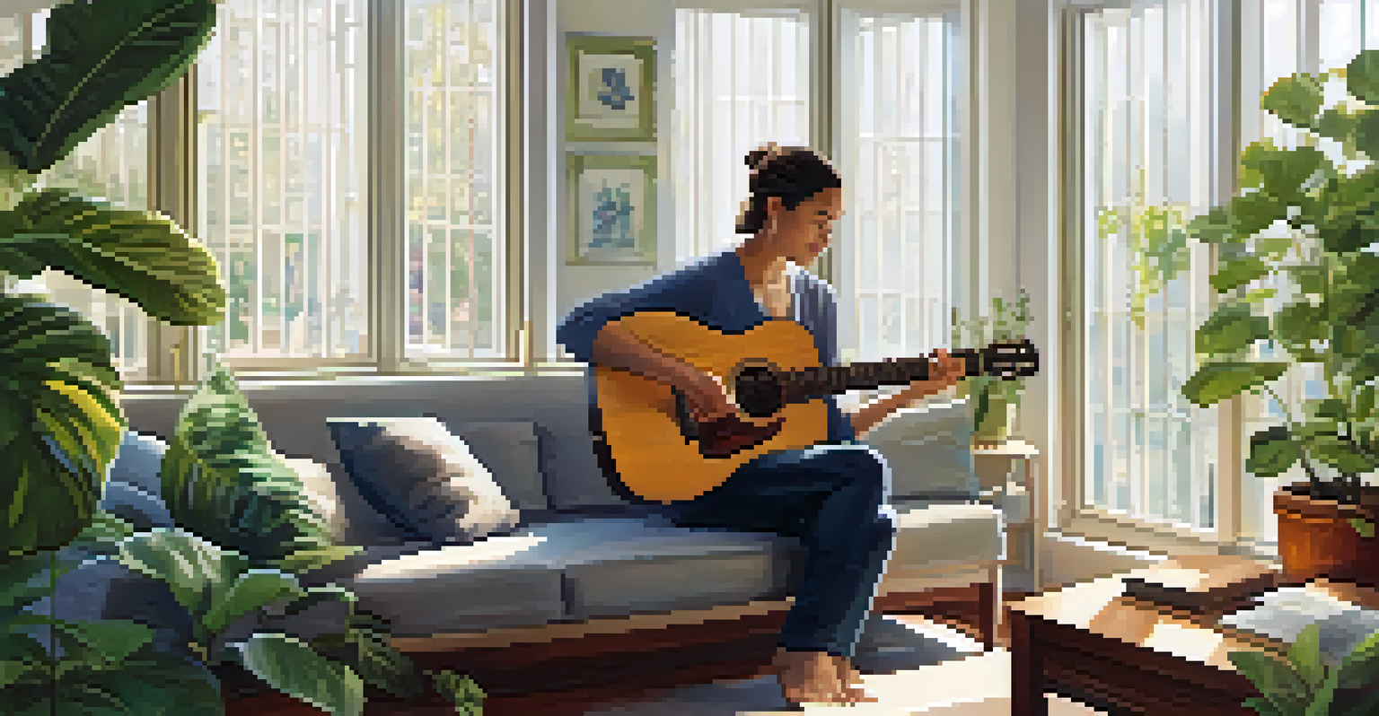 A calm music therapy session with a therapist playing guitar and a participant listening in a serene room filled with natural light and plants.