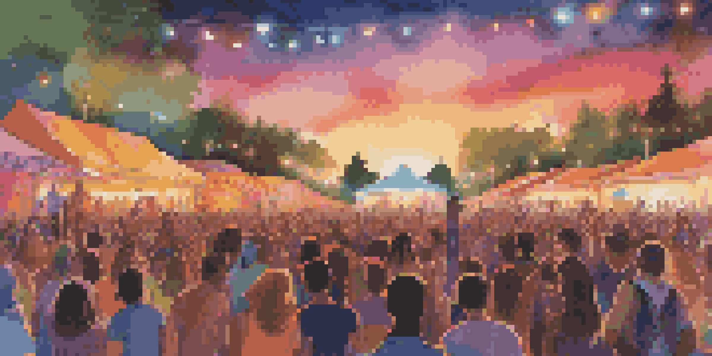 A lively music festival with diverse artists performing on stage and a multicultural audience enjoying the music during sunset.