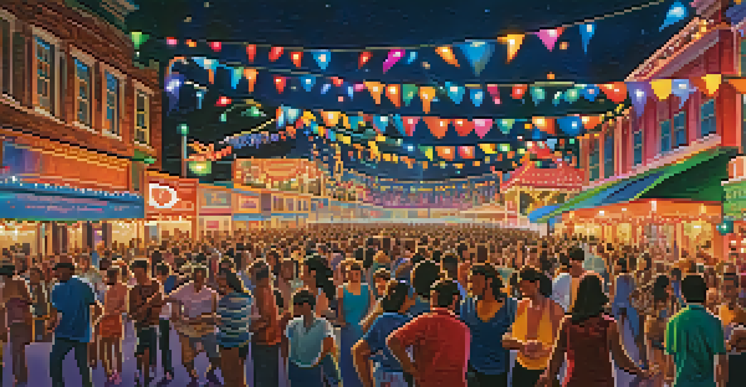 A lively music festival with a diverse crowd dancing and enjoying live performances under bright lights.