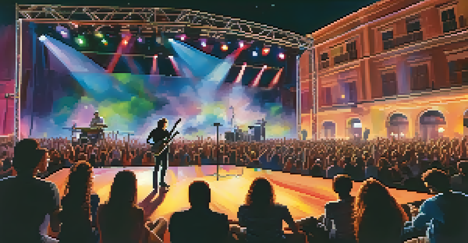 A musician performing on stage with vibrant lights, and an engaged audience dancing and enjoying the music.