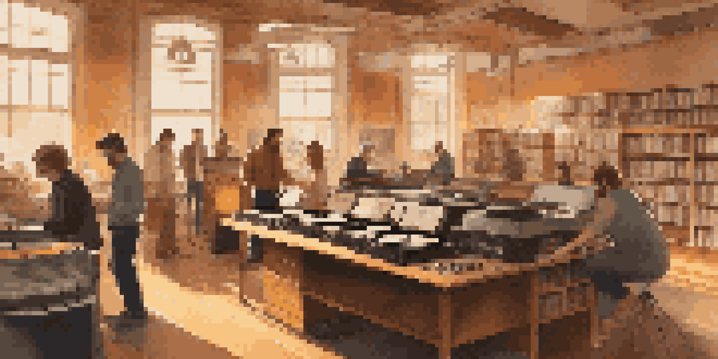 A cozy library with shelves of vinyl records and people collaborating over a turntable in warm lighting.