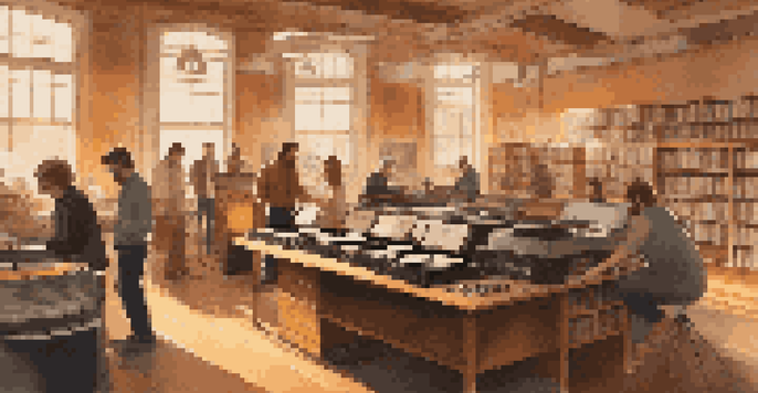 A cozy library with shelves of vinyl records and people collaborating over a turntable in warm lighting.