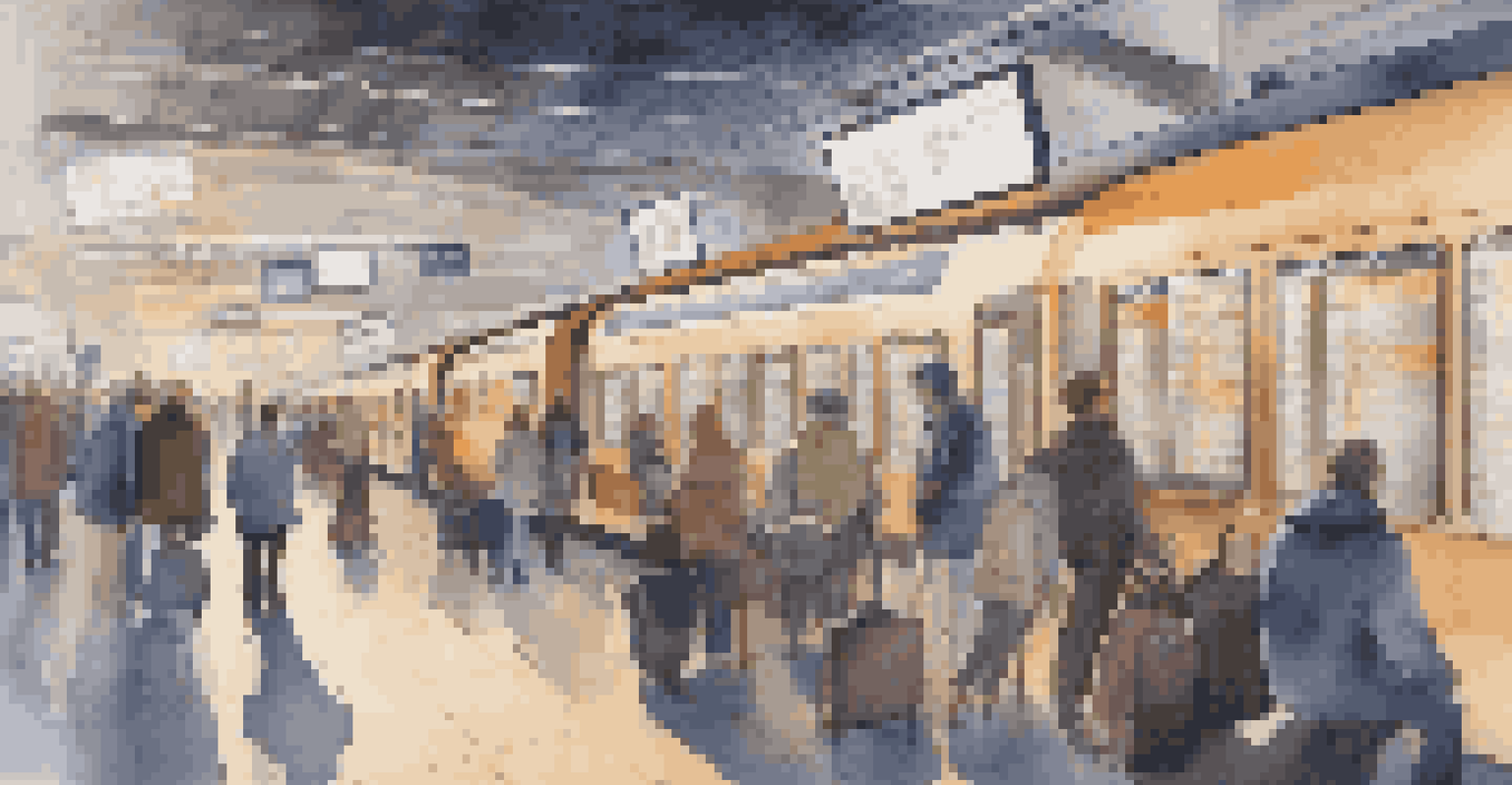 A modern train station with commuters, digital screens showing live music information, and a calming ambiance created by comfortable seating and lighting.