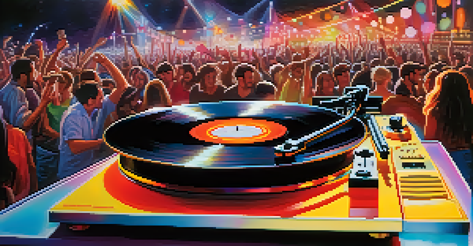 A close-up of a spinning vinyl record on a turntable, with blurred silhouettes of people dancing at a music festival in the background.
