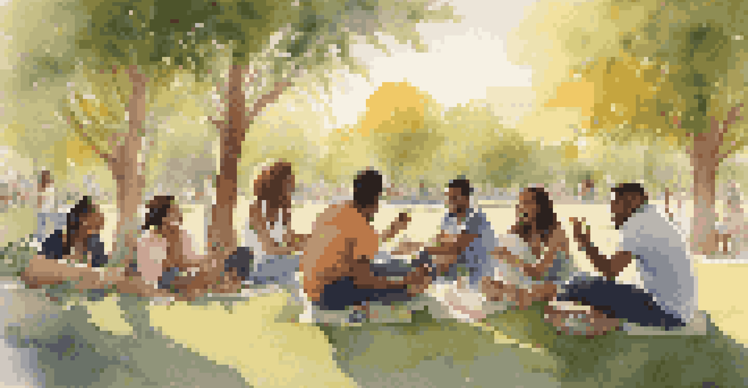 A group of young people in a park sharing music and stories, surrounded by greenery and illuminated by warm golden hour light.