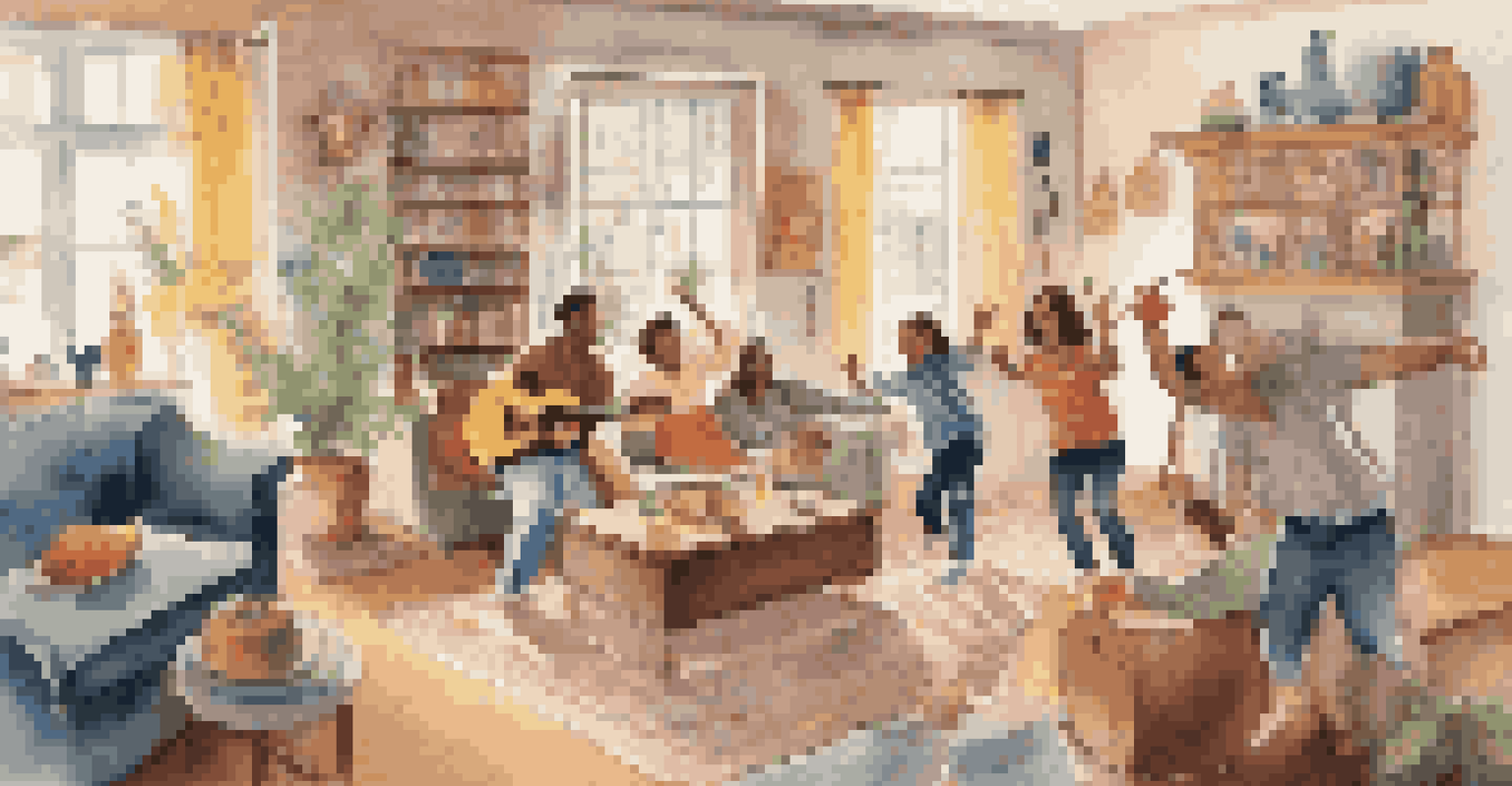 A family dancing together in a cozy living room filled with homemade instruments and colorful decorations.