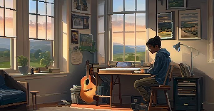 A teenager studying guitar in a cozy room with a laptop, decorated with music posters and a view of a rural landscape.