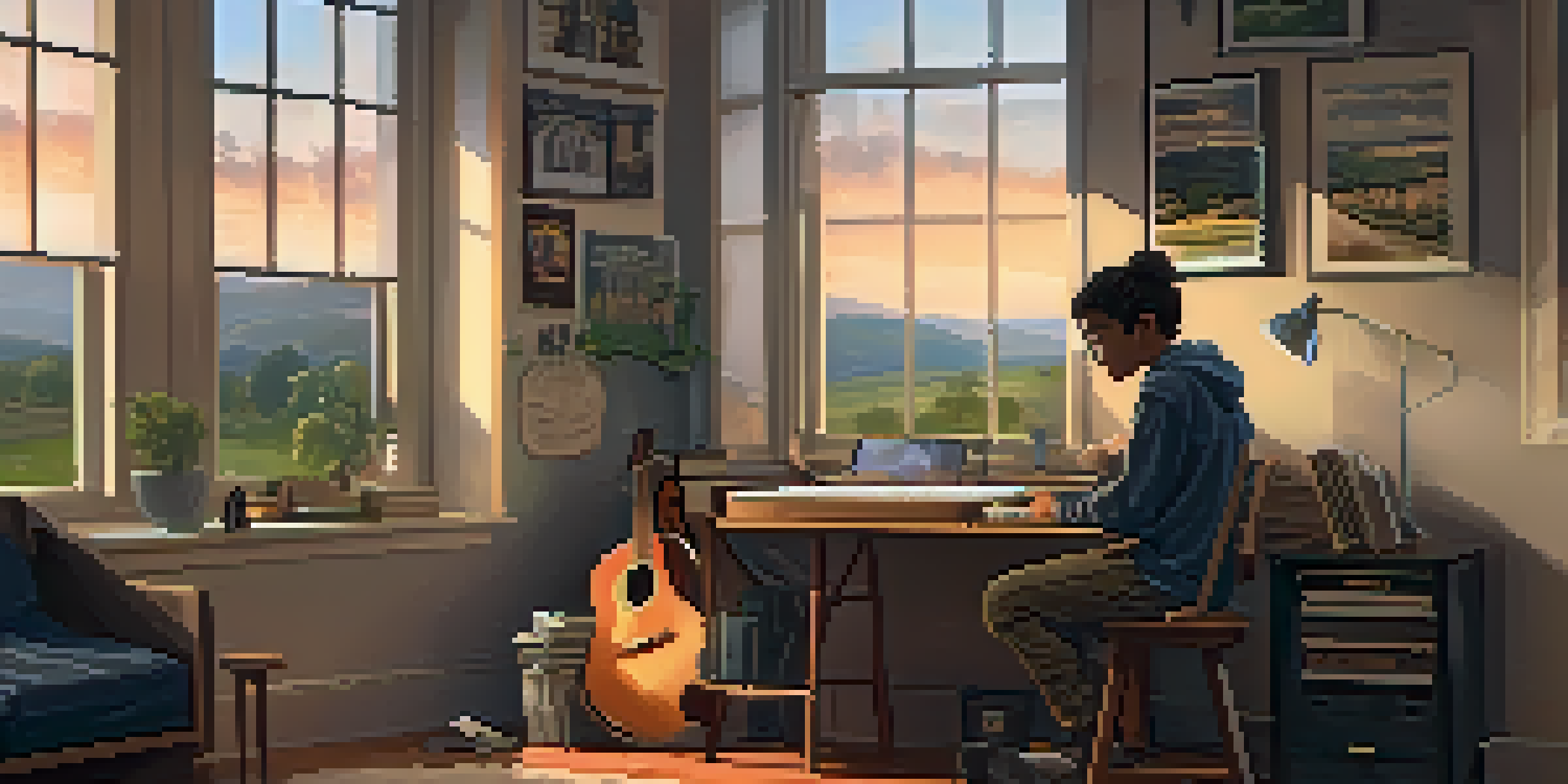 A teenager studying guitar in a cozy room with a laptop, decorated with music posters and a view of a rural landscape.