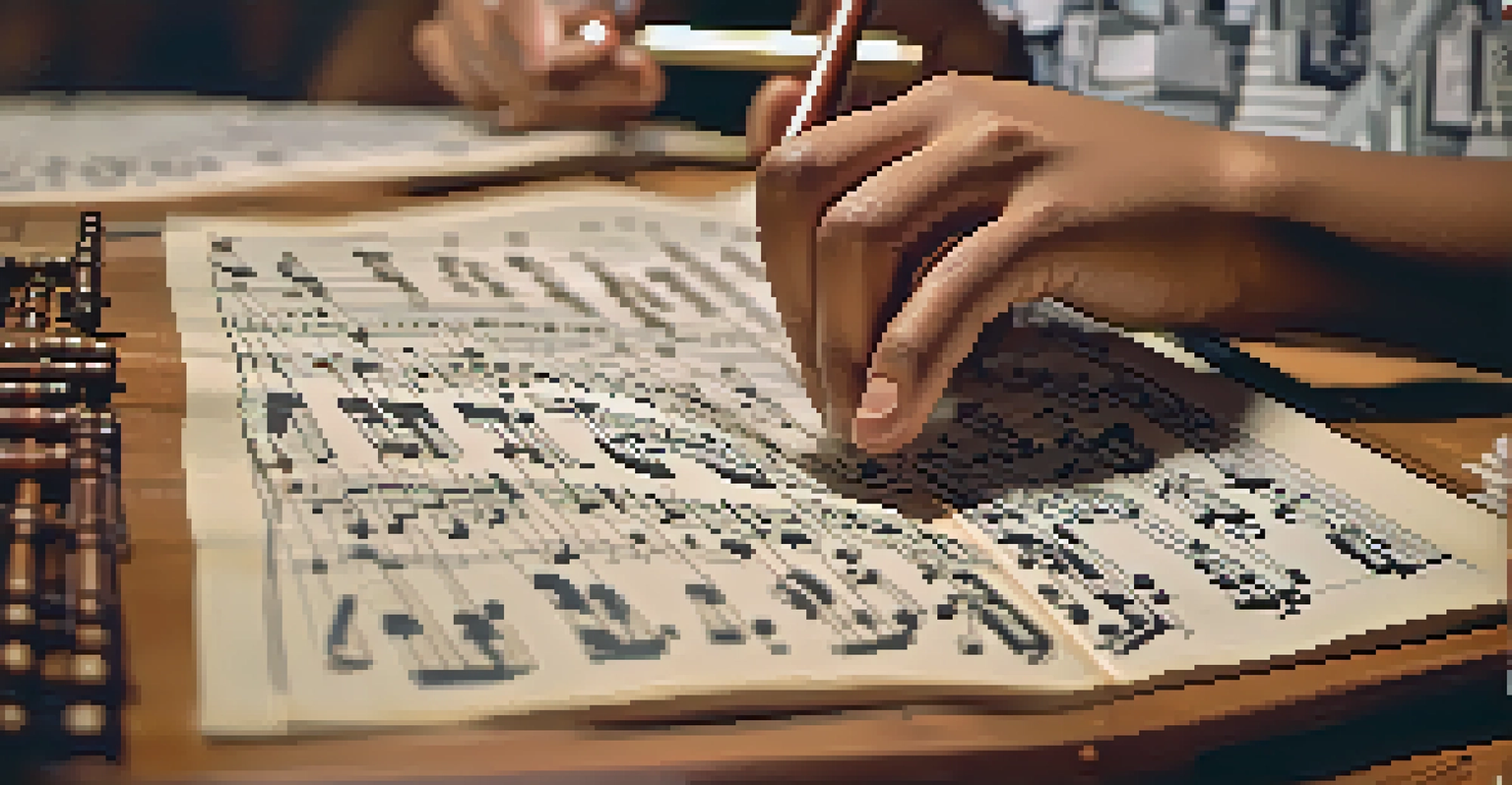 A student’s hands playing a traditional instrument with music sheets around, capturing a moment of focus in a lively classroom.