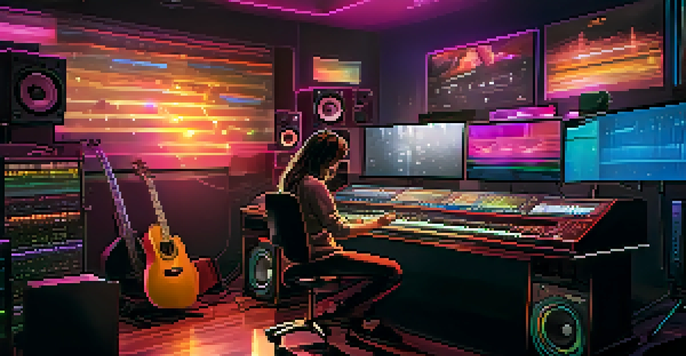 A digital music studio with instruments and sound mixing equipment, featuring an artist playing guitar.
