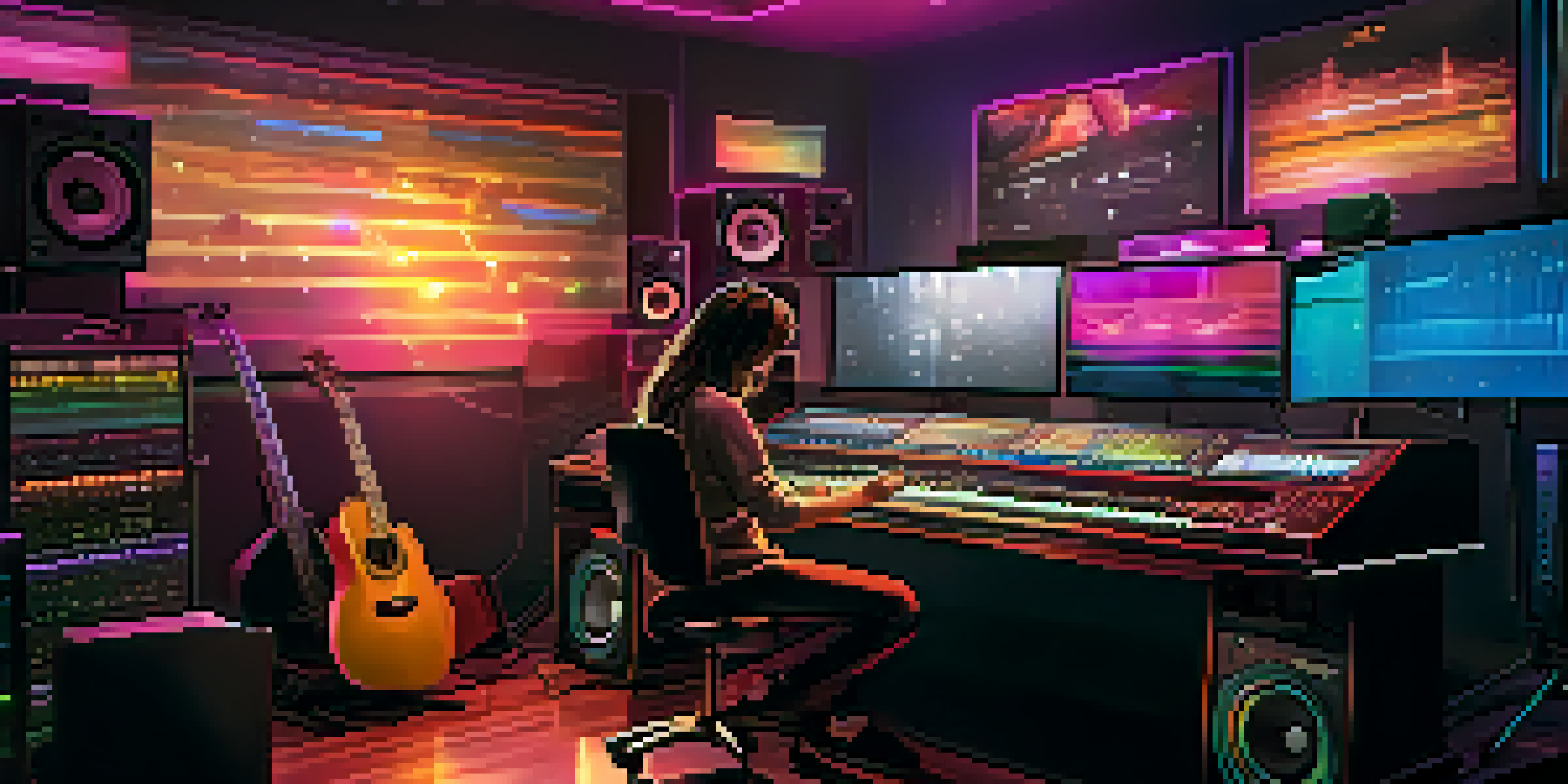 A digital music studio with instruments and sound mixing equipment, featuring an artist playing guitar.