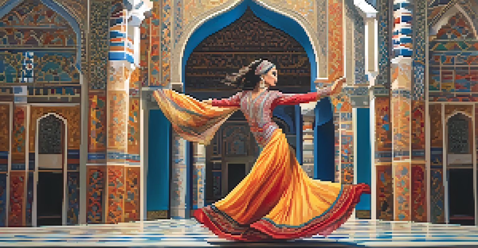 A dancer in colorful attire performing a traditional Middle Eastern dance with intricate architectural designs in the background.