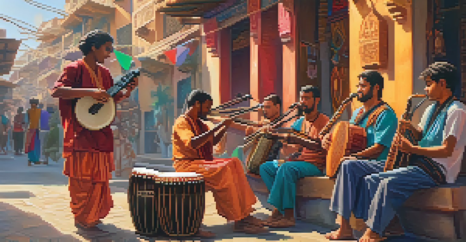 Musicians from various cultures playing traditional instruments in a vibrant street scene filled with colorful decorations and warm evening light.