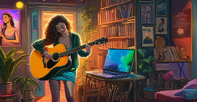 A young female musician performing live in her living room with colorful lights and a laptop showing her online audience.