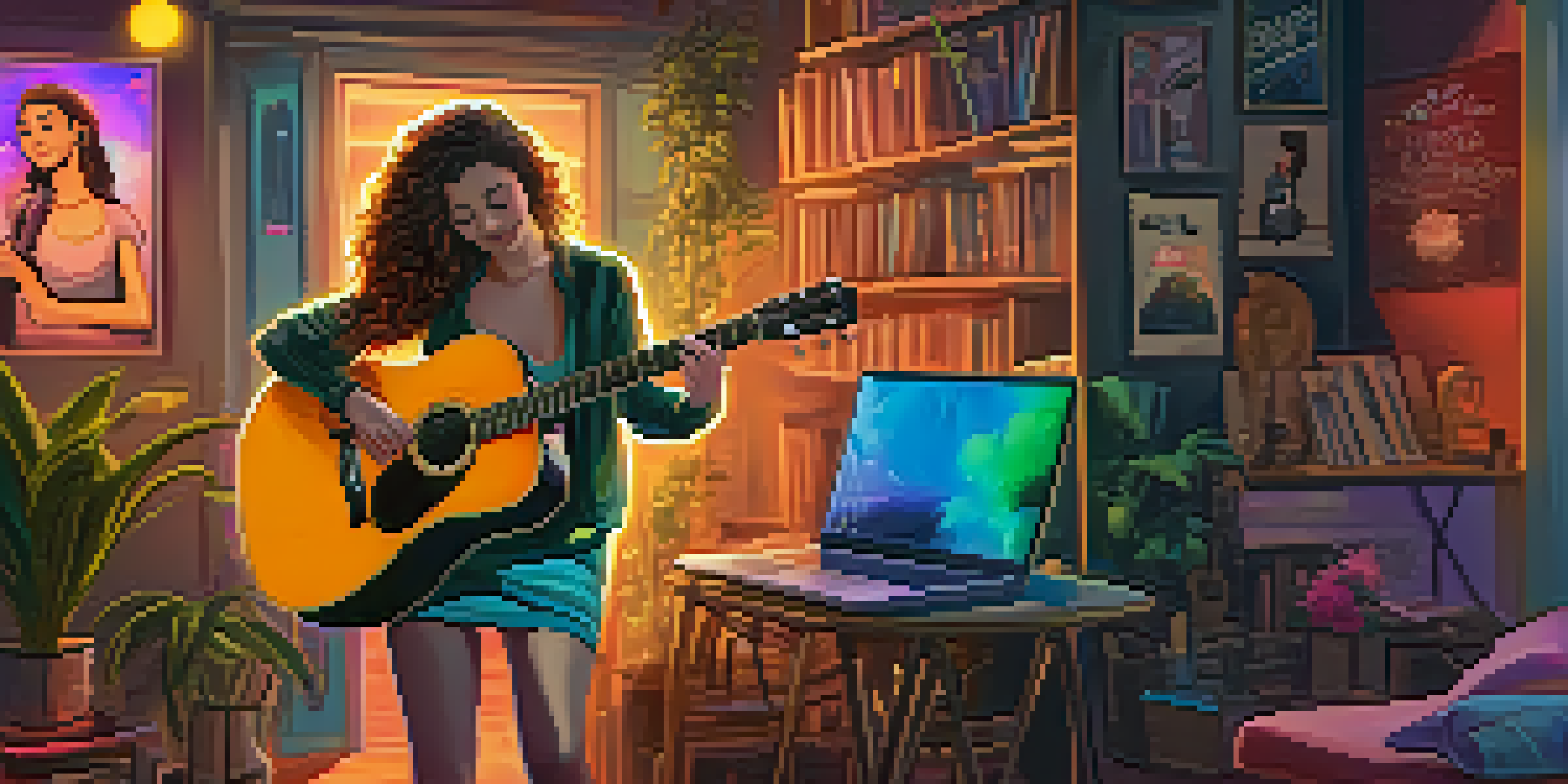 A young female musician performing live in her living room with colorful lights and a laptop showing her online audience.