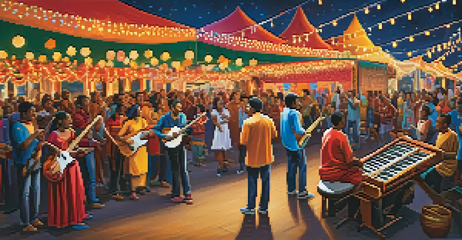 A lively outdoor festival with musicians from diverse backgrounds collaborating on stage, surrounded by an engaged audience and colorful decorations.