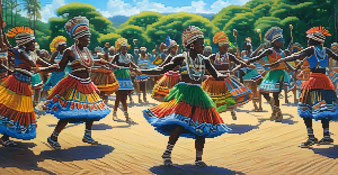 A group of dancers in colorful traditional African attire performing in a circle during a tribal ceremony, surrounded by drums and a lush green landscape.