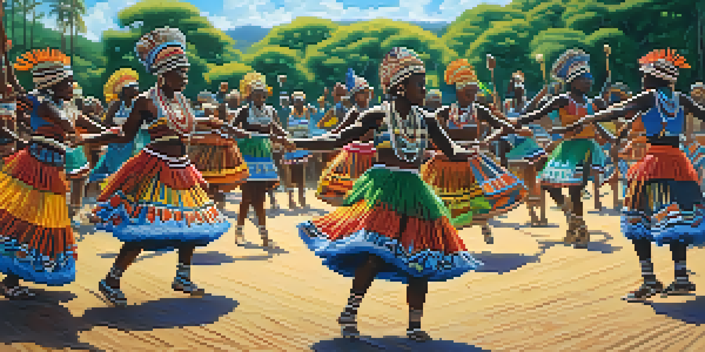 A group of dancers in colorful traditional African attire performing in a circle during a tribal ceremony, surrounded by drums and a lush green landscape.