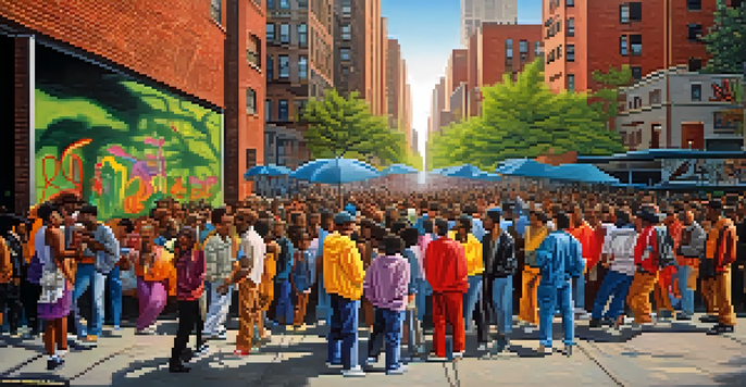 A lively street performance by hip-hop artists in 1980s New York City, with colorful graffiti and a diverse audience.