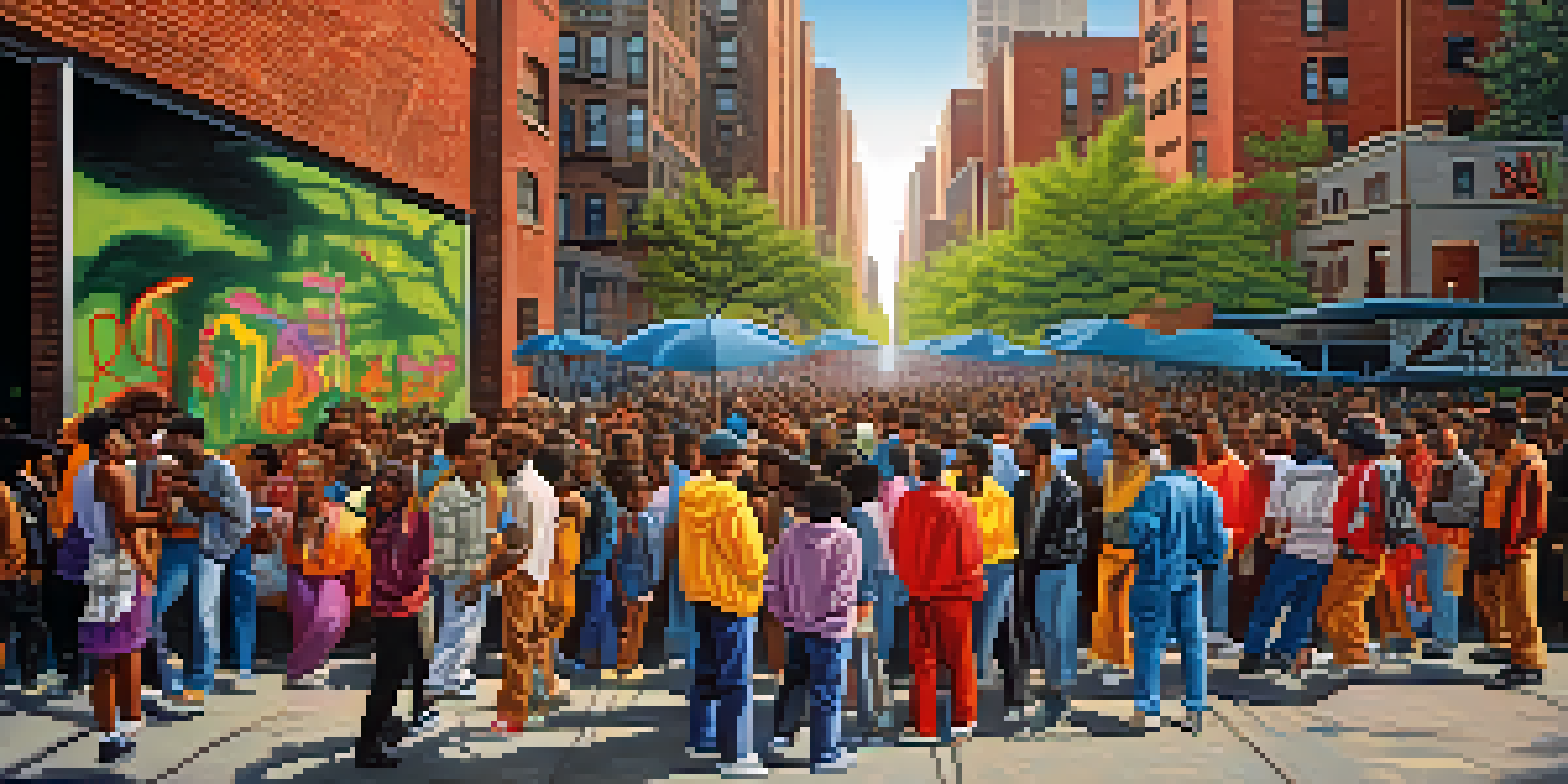 A lively street performance by hip-hop artists in 1980s New York City, with colorful graffiti and a diverse audience.
