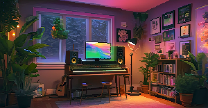 A musician performing a live stream concert in a cozy room, surrounded by colorful lights and a chat screen showing fan comments.