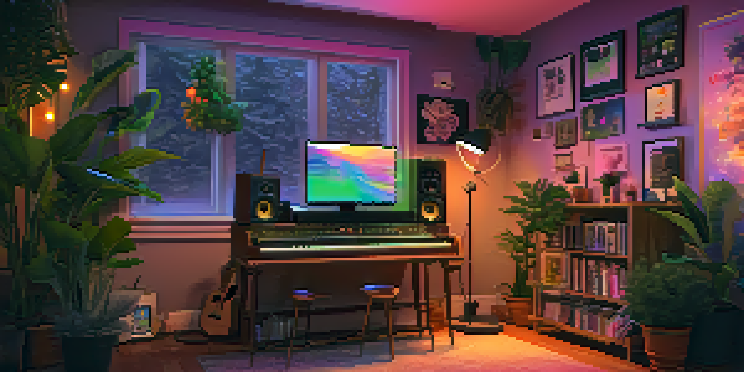 A musician performing a live stream concert in a cozy room, surrounded by colorful lights and a chat screen showing fan comments.