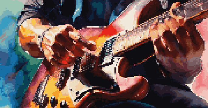 A musician's hands playing a guitar under colorful stage lights, with a blurred background.