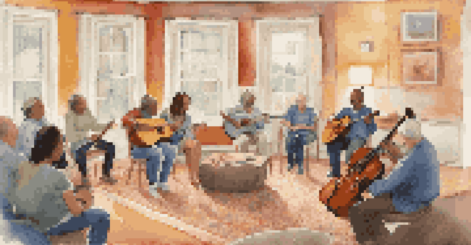 A cozy room with people of different ages participating in a music therapy session, surrounded by soft lighting and colorful artwork.