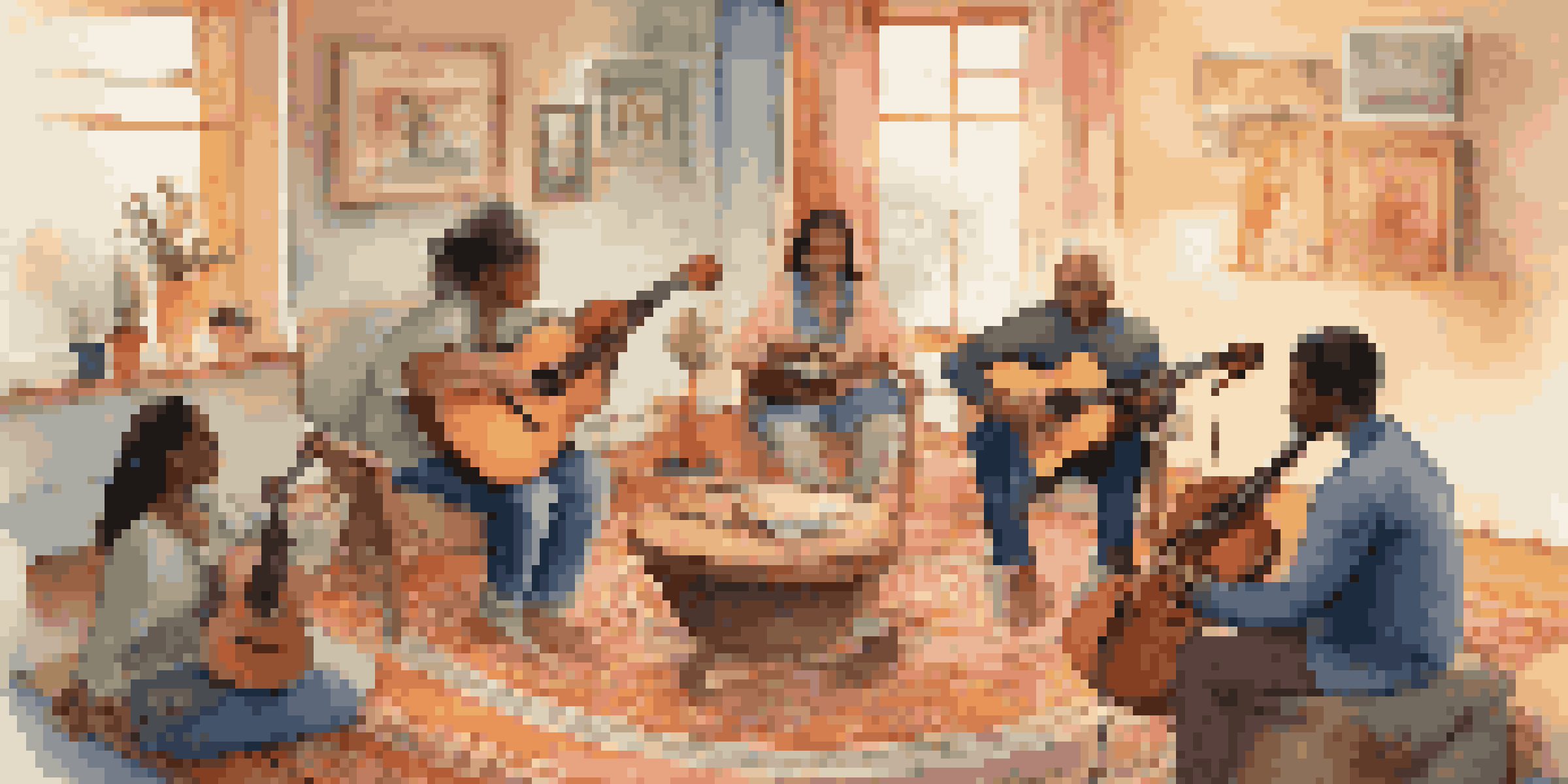 A group therapy session with people holding musical instruments in a cozy room, sharing experiences under warm lighting.