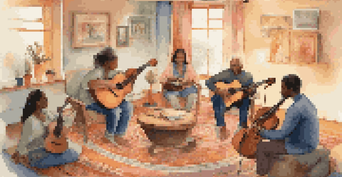 A group therapy session with people holding musical instruments in a cozy room, sharing experiences under warm lighting.