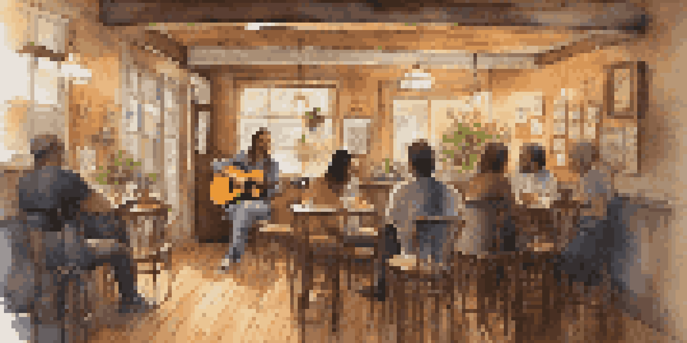 A singer-songwriter performing in a cozy café, illuminated by warm lighting, with patrons enjoying the atmosphere.