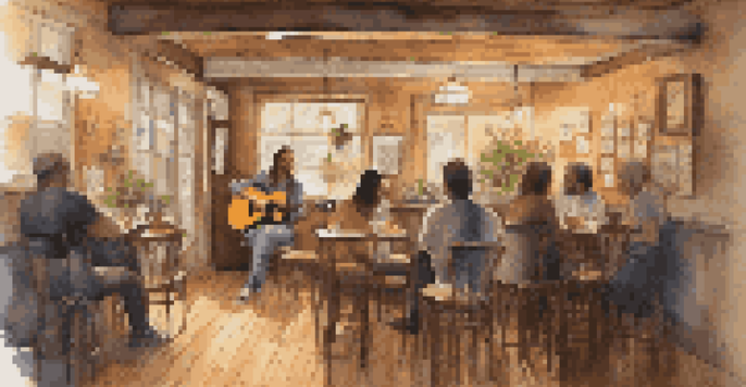 A singer-songwriter performing in a cozy café, illuminated by warm lighting, with patrons enjoying the atmosphere.