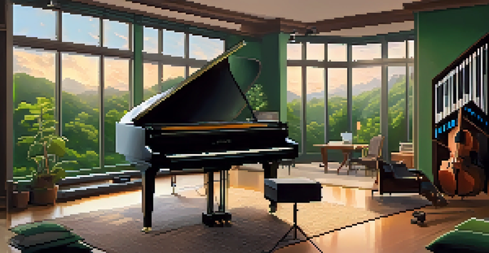 A composer working in a cozy film scoring studio filled with musical instruments and warm lighting.