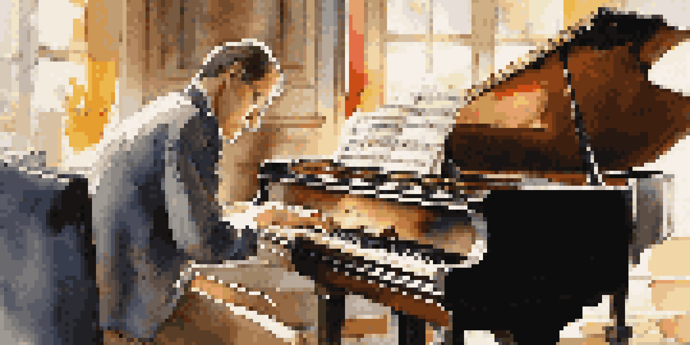 A composer playing a grand piano, surrounded by music sheets and instruments, with sunlight streaming in.