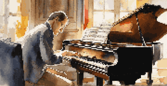 A composer playing a grand piano, surrounded by music sheets and instruments, with sunlight streaming in.