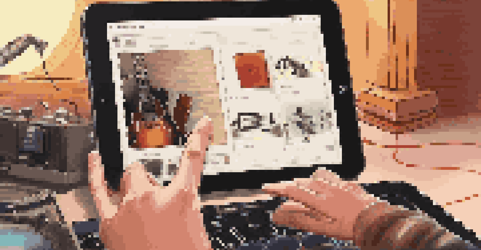 An artist's hand using a tablet to select music tracks in a cozy studio filled with musical instruments.