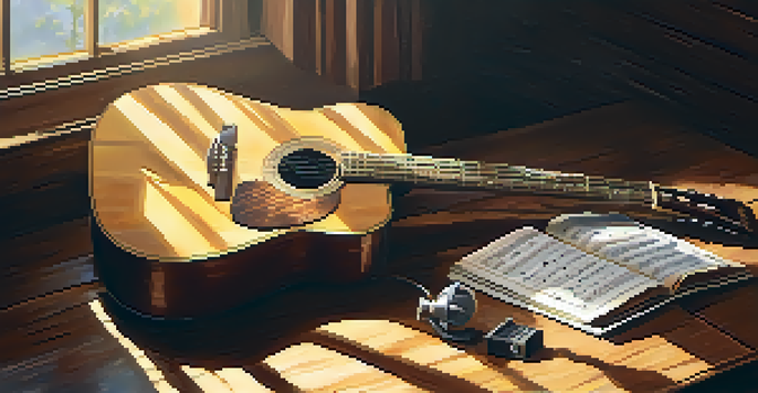 A cozy setup with a wooden acoustic guitar, vintage microphone, and sheet music on a table illuminated by soft sunlight.