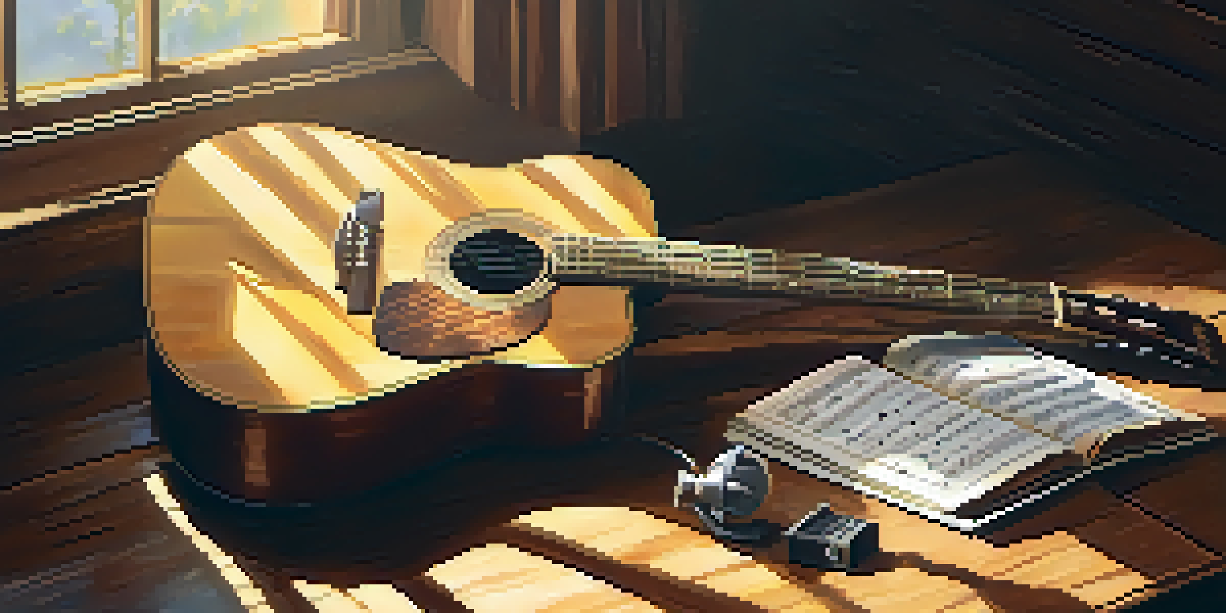 A cozy setup with a wooden acoustic guitar, vintage microphone, and sheet music on a table illuminated by soft sunlight.