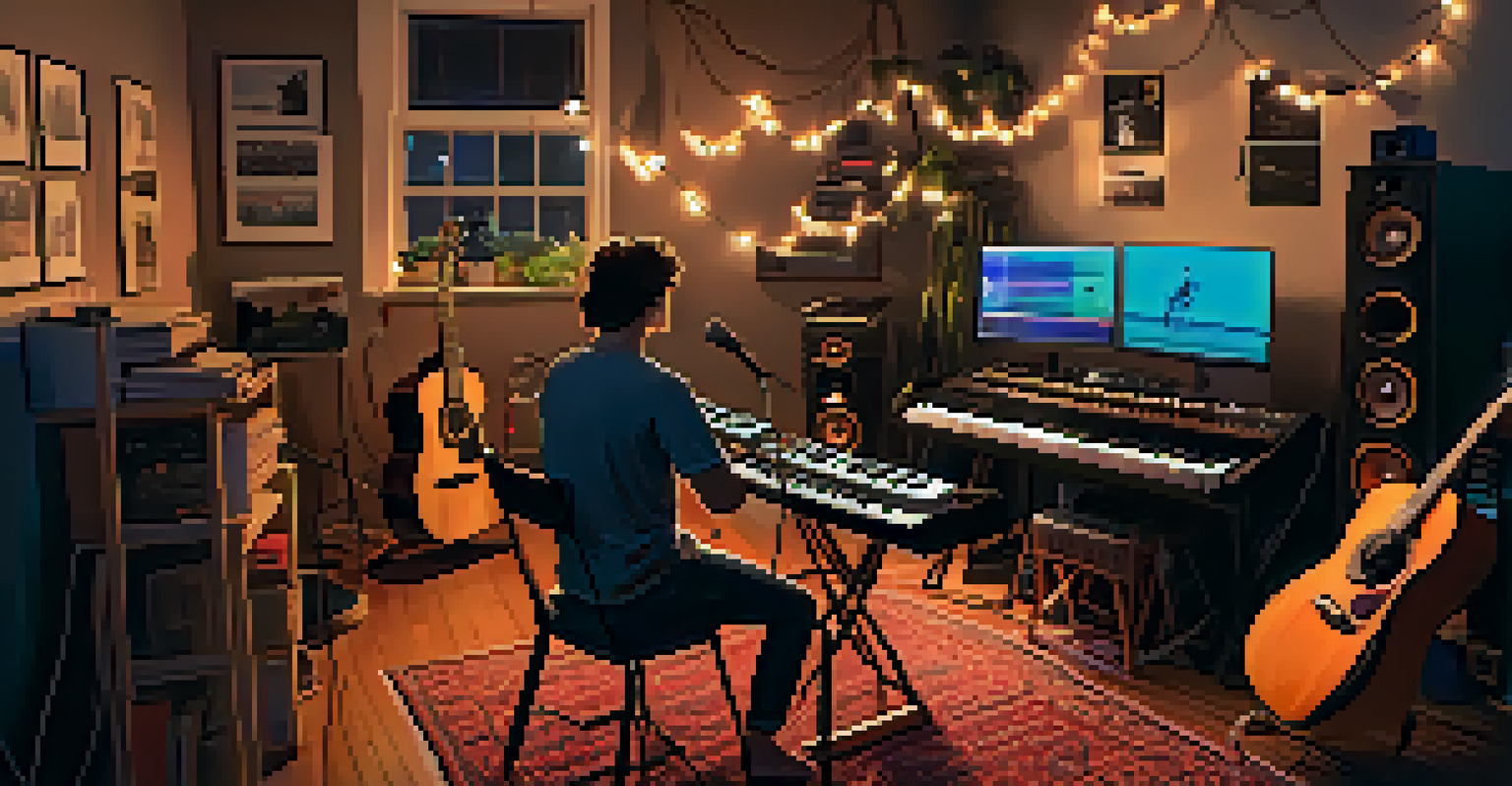 A musician performing live from a home studio, surrounded by instruments, with a computer screen showing fans watching the virtual concert.