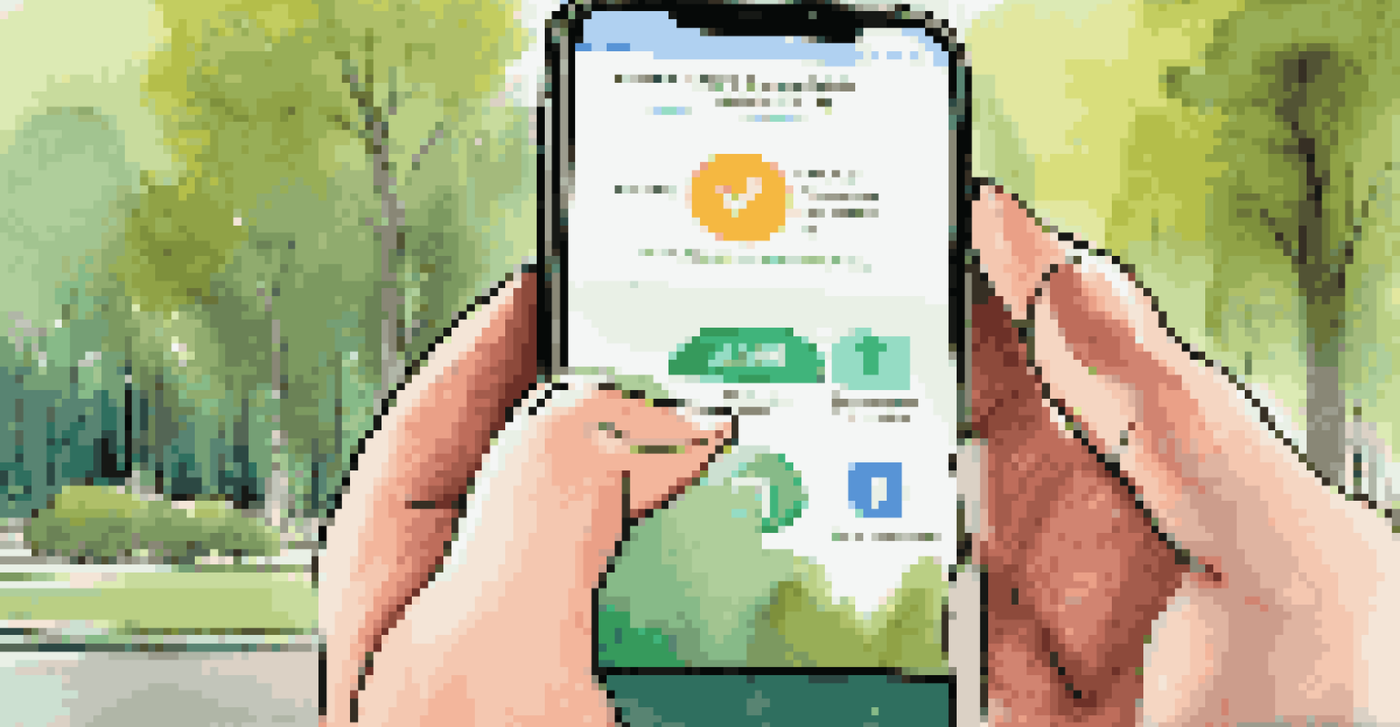 A close-up of a hand holding a smartphone in a park, showing a mental health app focused on coping strategies for anxiety.