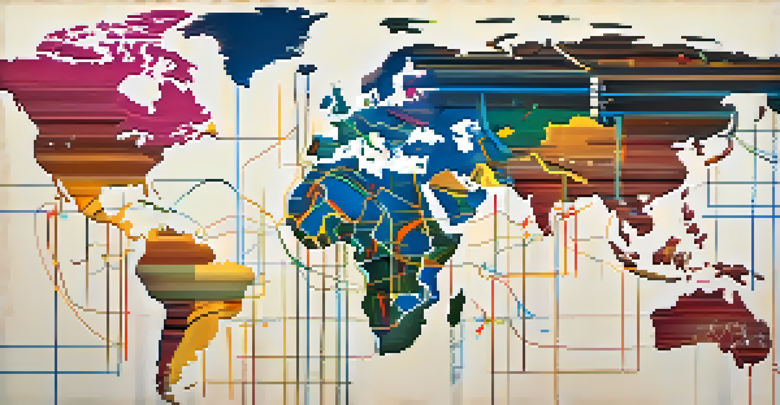 A colorful global map showing the cultural exchange of music with connections between countries and musical symbols.