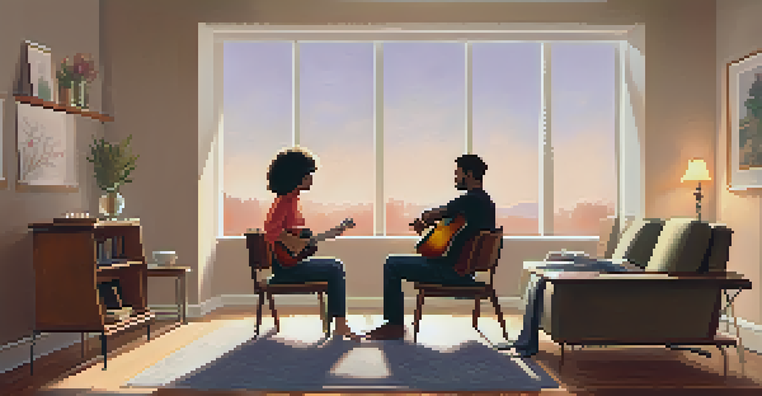 A therapist playing guitar for a client in a cozy, softly lit room, creating a calming atmosphere.