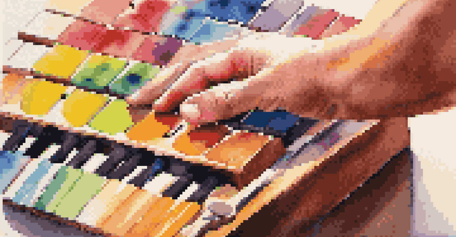 A close-up of a hand playing a colorful xylophone, showcasing the vibrant keys and the warm atmosphere of a music therapy room.