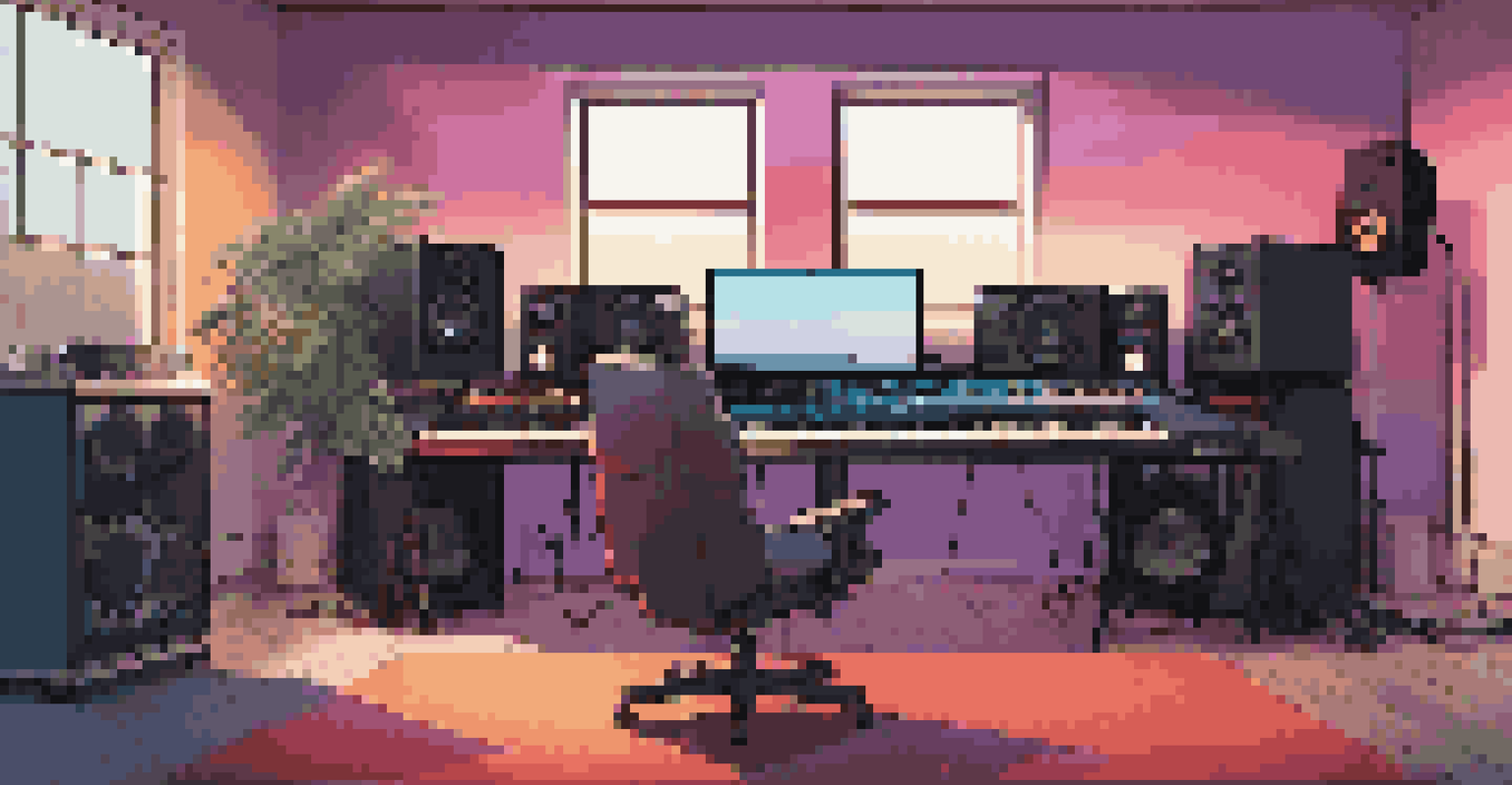 A modern home music studio with electronic instruments and a digital audio workstation, illuminated by soft ambient lighting.