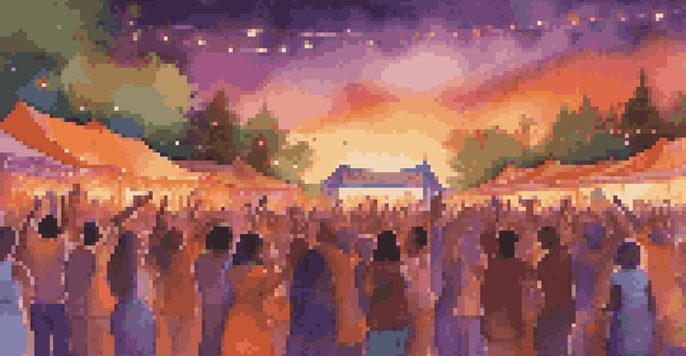 A lively outdoor music festival at sunset, showcasing a diverse crowd enjoying a performance with colorful lights and warm sky colors.