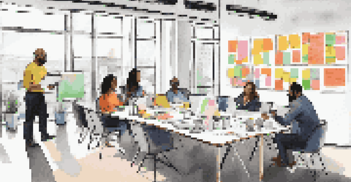 A diverse group of event planners collaborating in a bright, modern office, with laptops and colorful sticky notes around a large table.