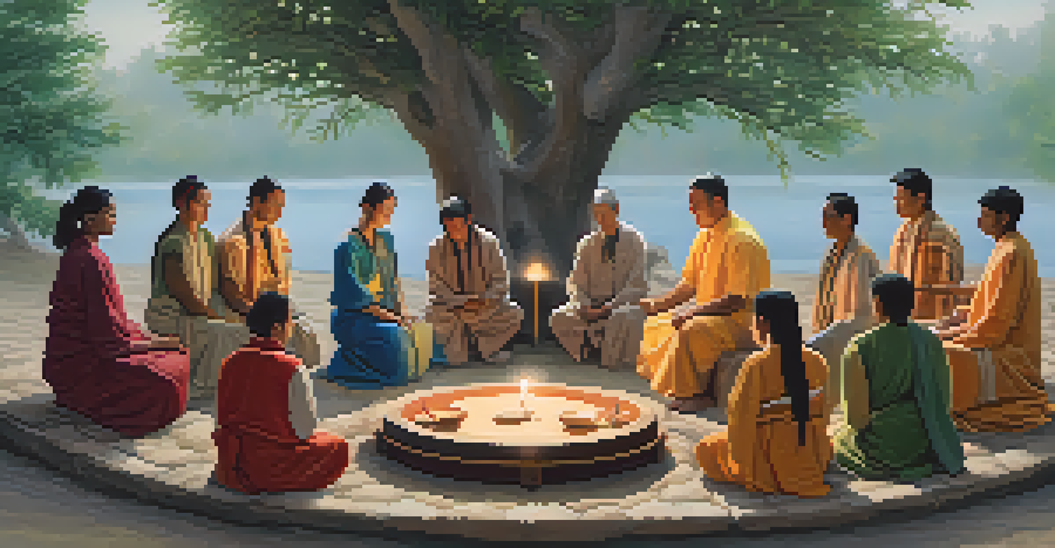 A serene scene of a spiritual ceremony with participants in a circle playing drums and singing, illuminated by soft candlelight.